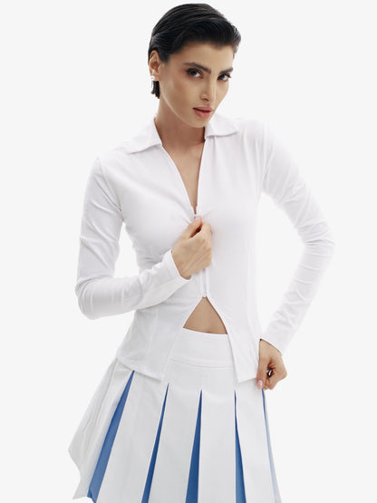 White & Blue tennis skirt, elevated athletic style, comfortable luxury minimalist athletic wear.