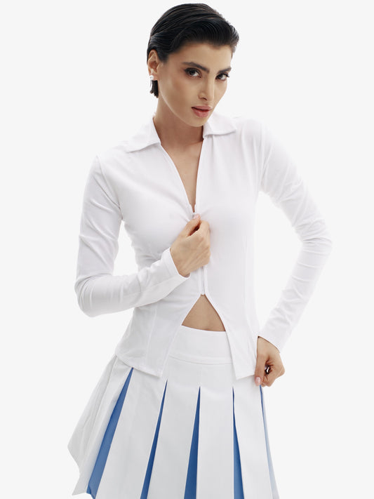 White & Blue tennis skirt, elevated athletic style, comfortable luxury minimalist athletic wear.