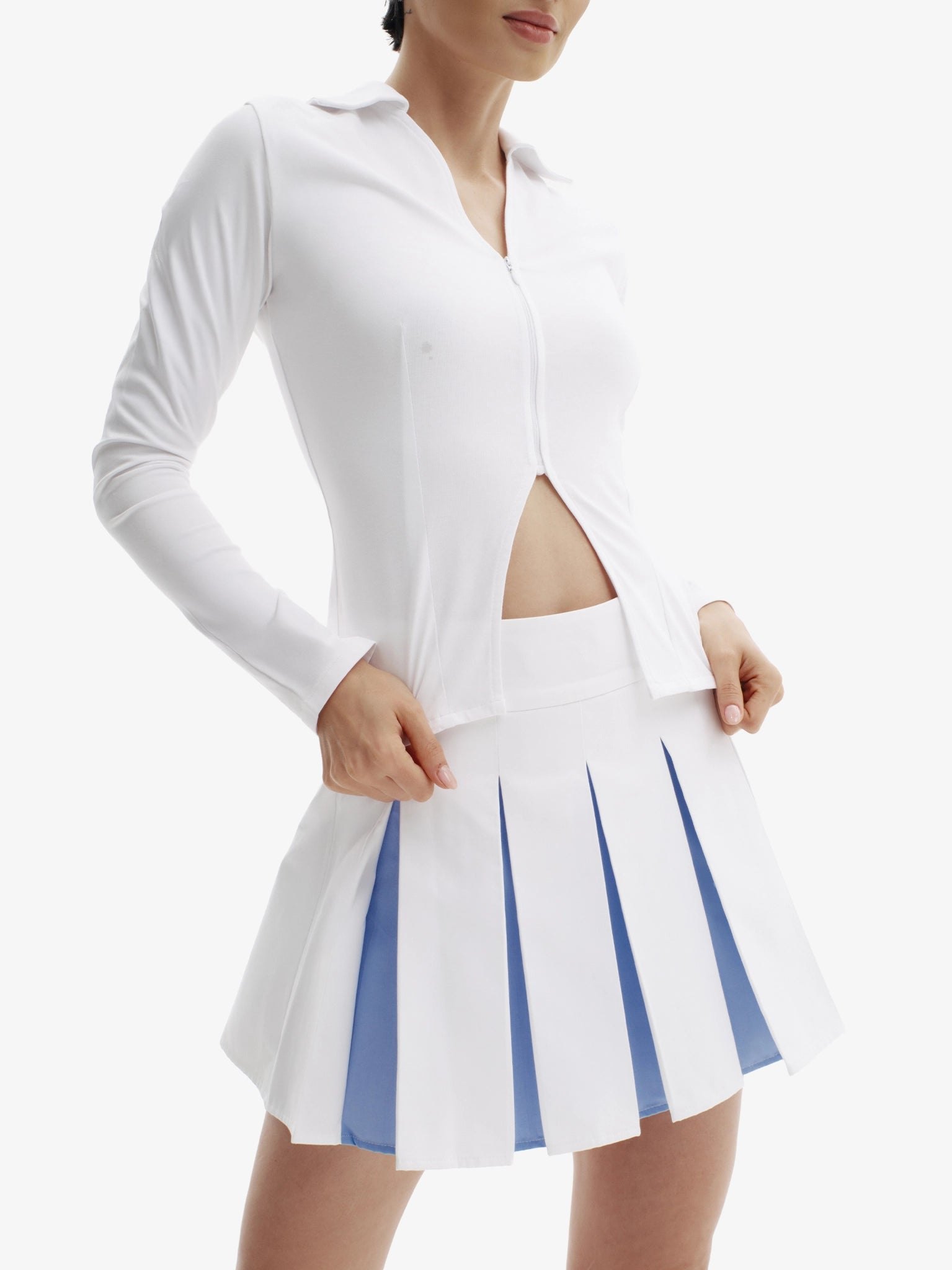 White & Blue tennis skirt, elevated athletic style, comfortable luxury minimalist athletic wear.