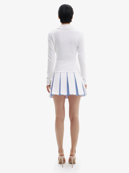 White & Blue tennis skirt, elevated athletic style, comfortable luxury minimalist athletic wear.