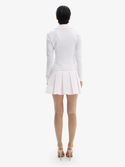 White & Pink tennis skirt, elevated athletic style, comfortable luxury minimalist athletic wear.