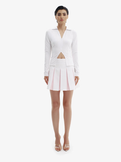 White & Pink tennis skirt, elevated athletic style, comfortable luxury minimalist athletic wear.