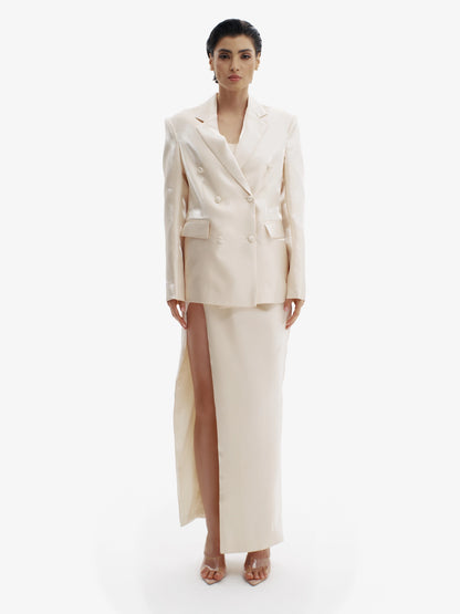 Cream Yellow tailored liquid blazer, effortless sophistication, minimalist workwear chic.