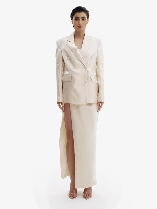 Cream Yellow tailored liquid blazer, effortless sophistication, minimalist workwear chic.