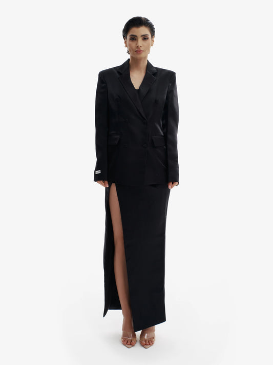 Liquid Black tailored liquid blazer, effortless sophistication, minimalist workwear chic.