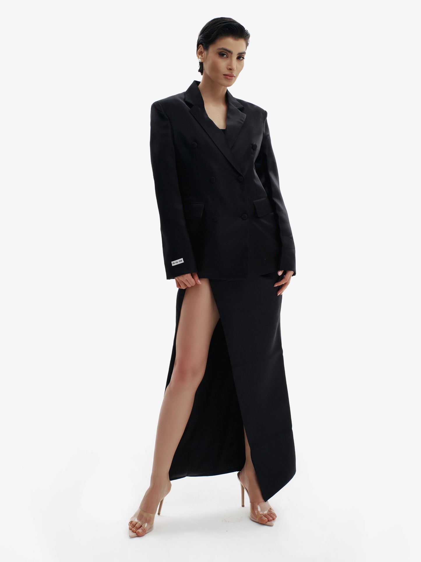 Liquid Black tailored liquid blazer, effortless sophistication, minimalist workwear chic.