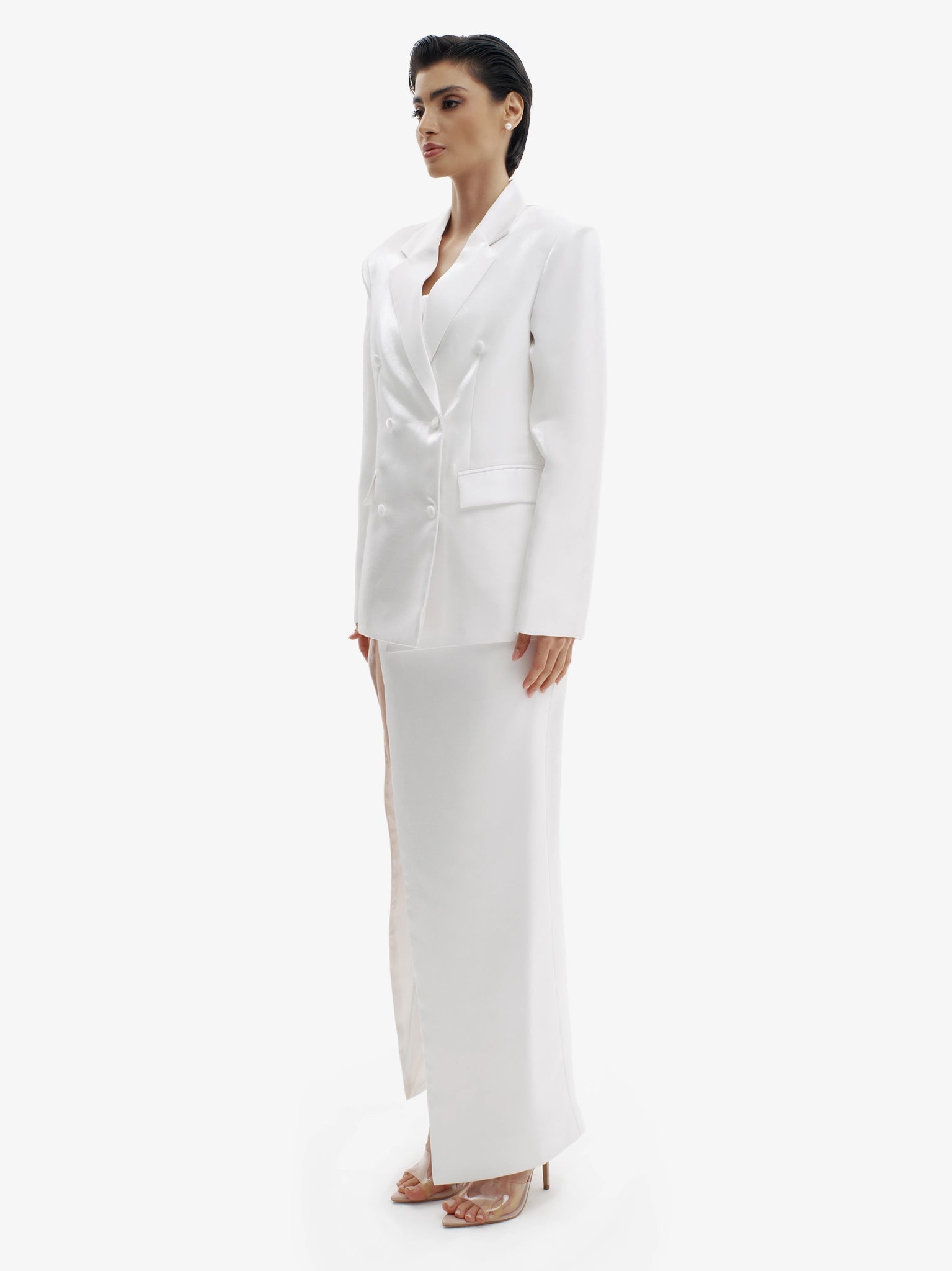 Liquid White tailored liquid blazer, effortless sophistication, minimalist workwear chic.