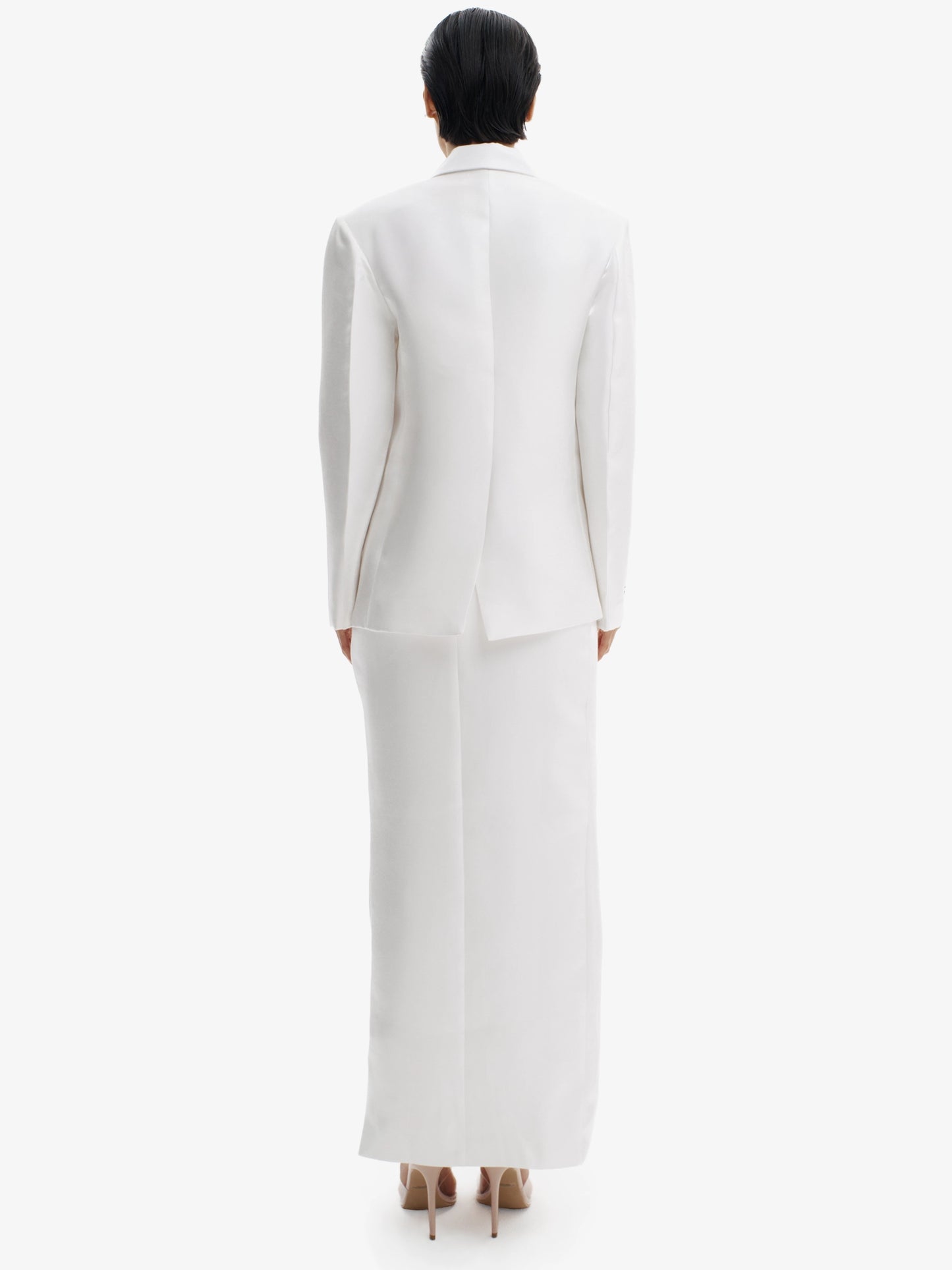 Liquid White tailored liquid blazer, effortless sophistication, minimalist workwear chic.