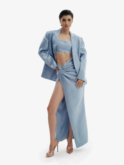 Ice Blue tailored liquid blazer, effortless sophistication, minimalist workwear chic.