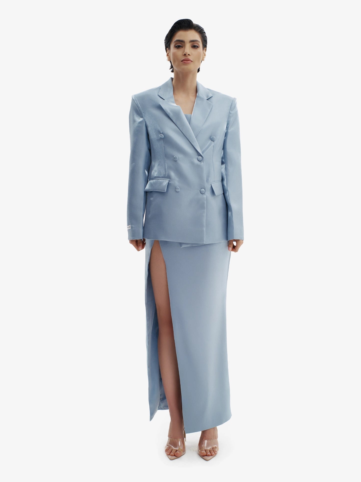 Ice Blue tailored liquid blazer, effortless sophistication, minimalist workwear chic.