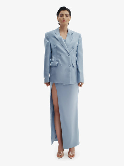 Ice Blue tailored liquid blazer, effortless sophistication, minimalist workwear chic.