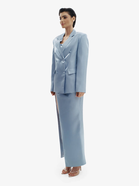 Ice Blue tailored liquid blazer, effortless sophistication, minimalist workwear chic.