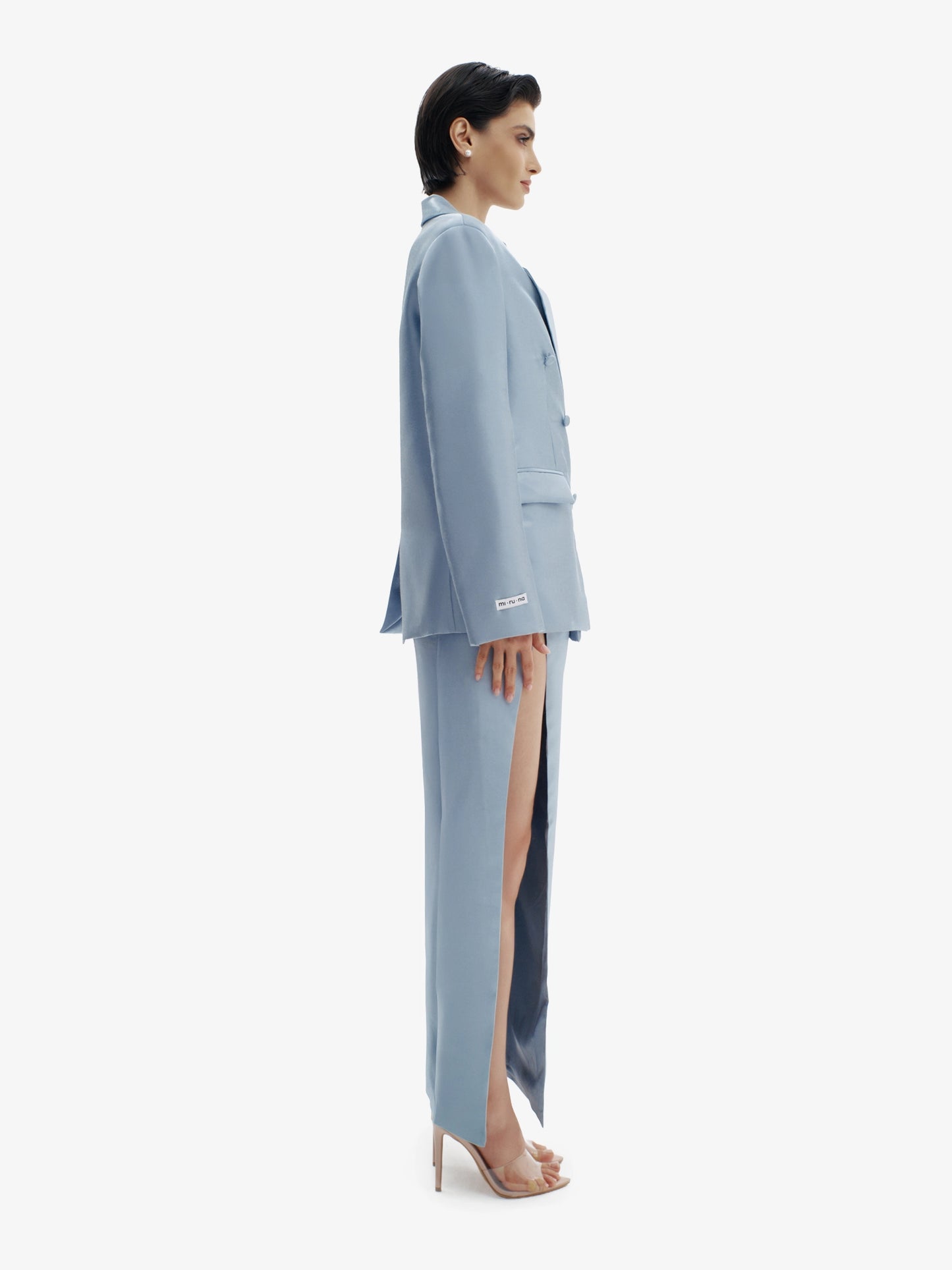Ice Blue tailored liquid blazer, effortless sophistication, minimalist workwear chic.