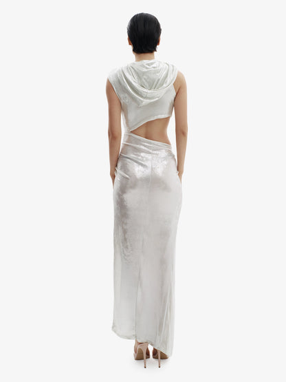 Silver luxe hoodie dress, premium comfort meets elevated minimalist style.