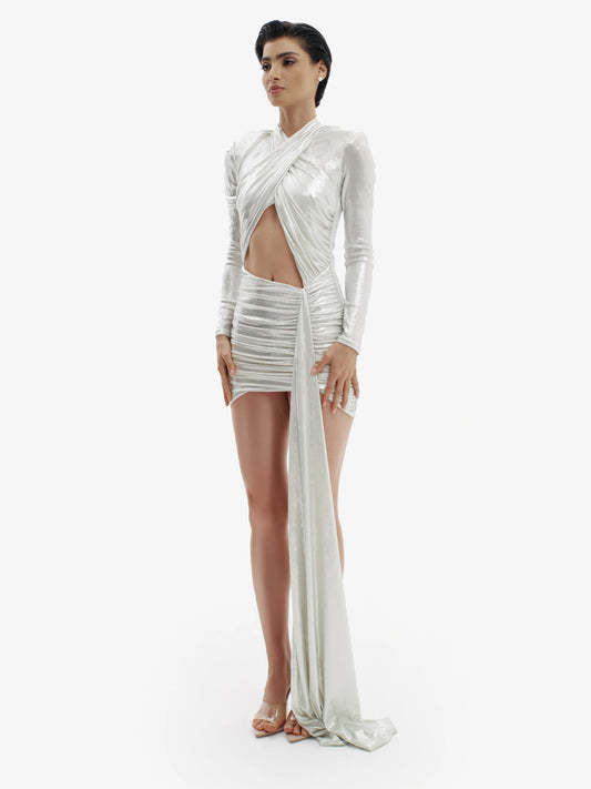 Silver polished metallic dress, daring and unforgettable, luxury party wear.