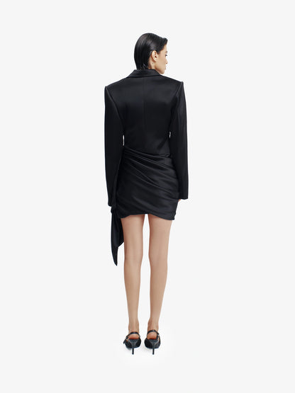 Black structured blazer dress, elevated minimalist workwear, quiet luxury.