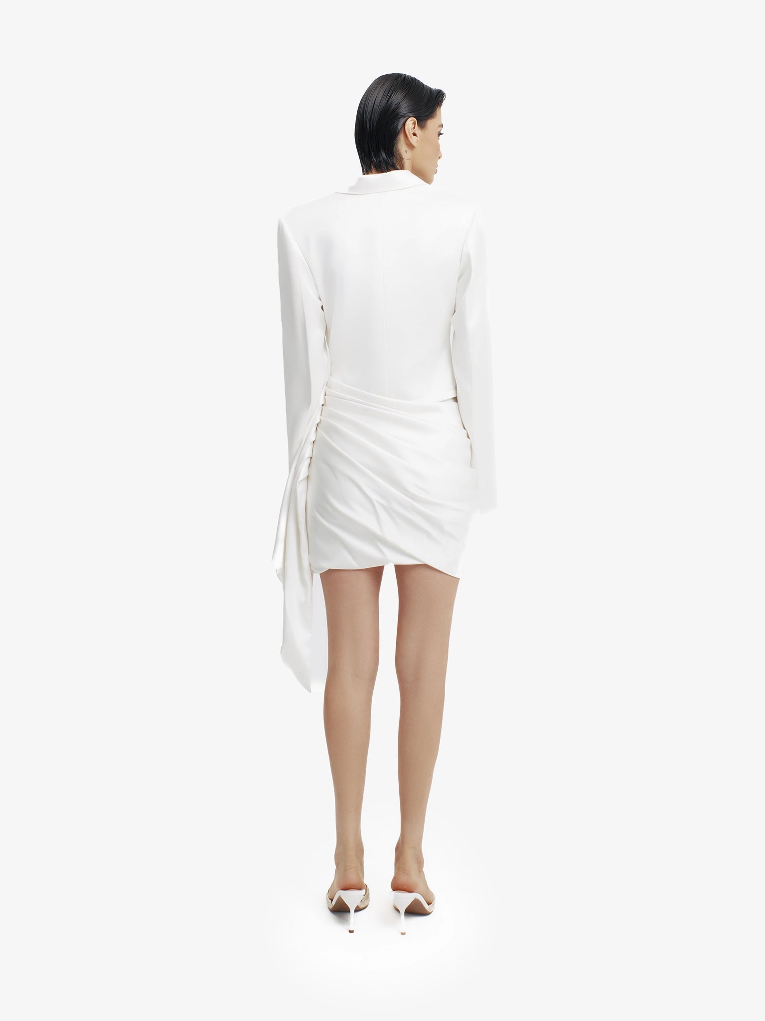 White structured blazer dress, elevated minimalist workwear, quiet luxury.