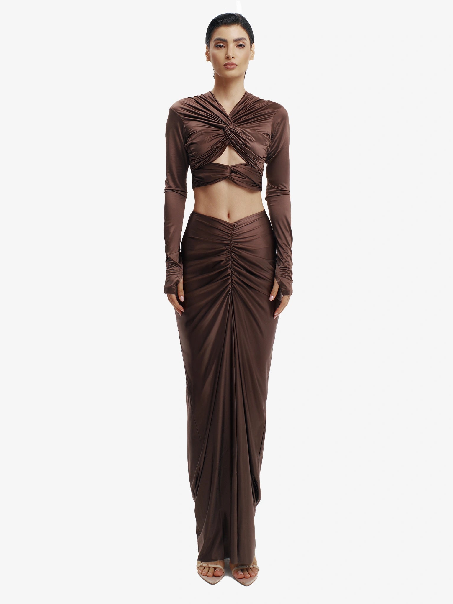 Brown twisted knot maxi skirt, effortless draping, unique minimalist style.