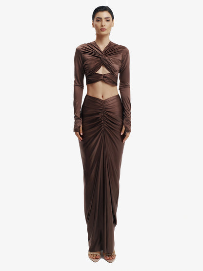 Brown twisted knot maxi skirt, effortless draping, unique minimalist style.