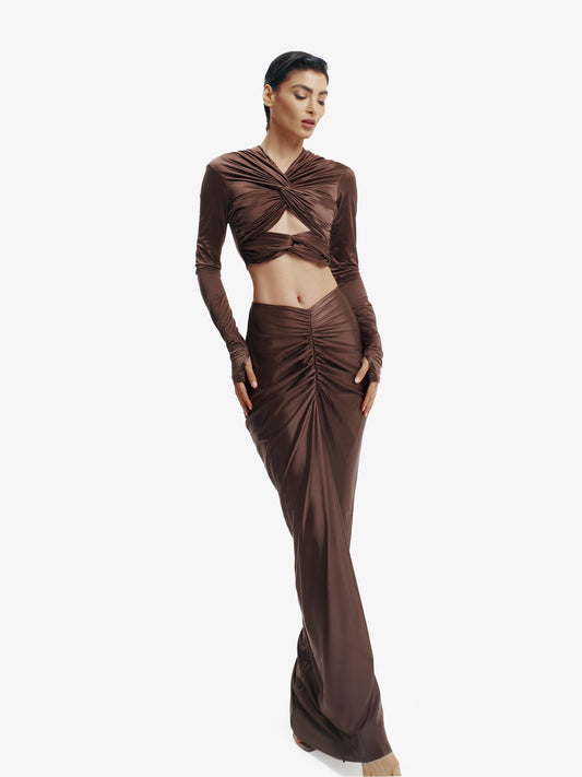 Brown twisted knot maxi skirt, effortless draping, unique minimalist style.