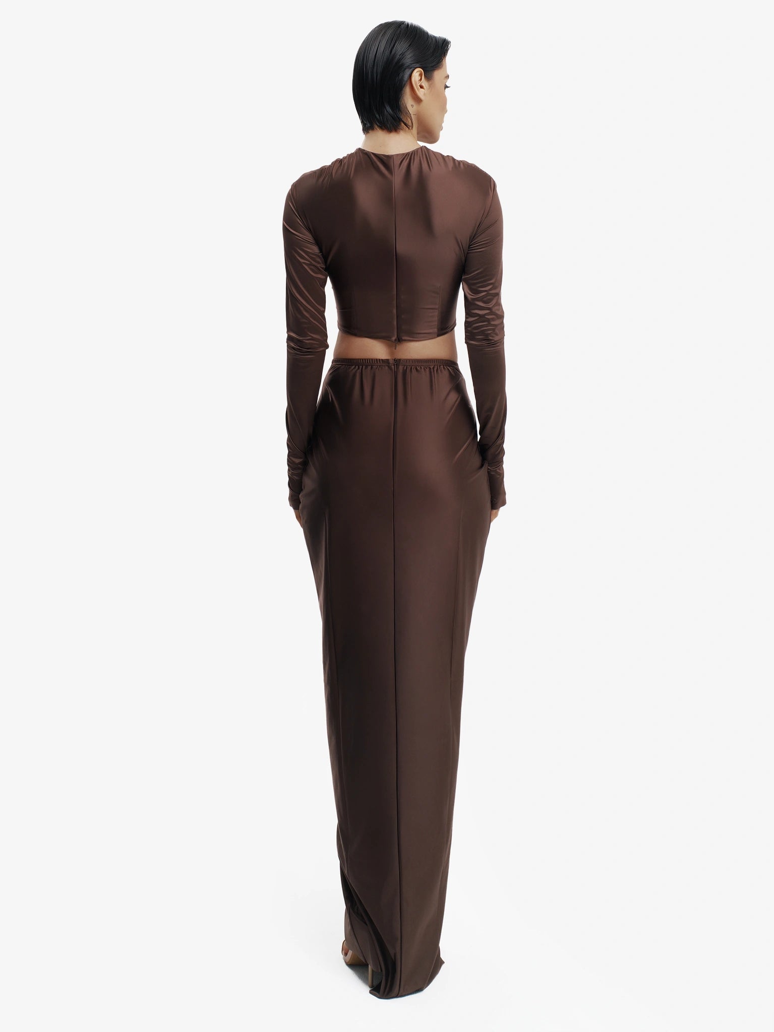 Brown twisted knot maxi skirt, effortless draping, unique minimalist style.