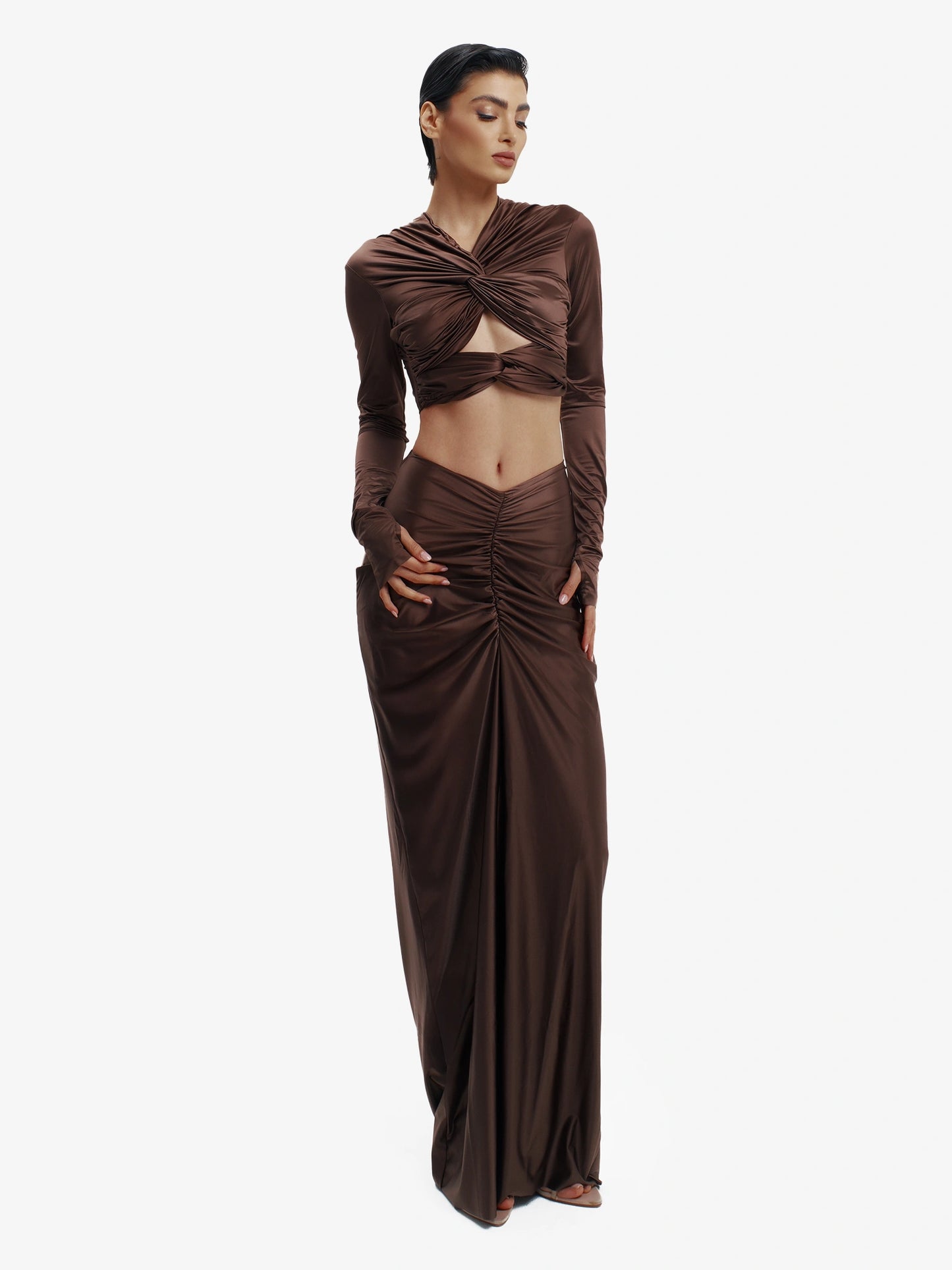 Brown twisted knot maxi skirt, effortless draping, unique minimalist style.