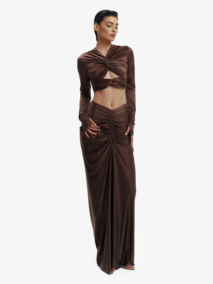 Brown twisted knot maxi skirt, effortless draping, unique minimalist style.