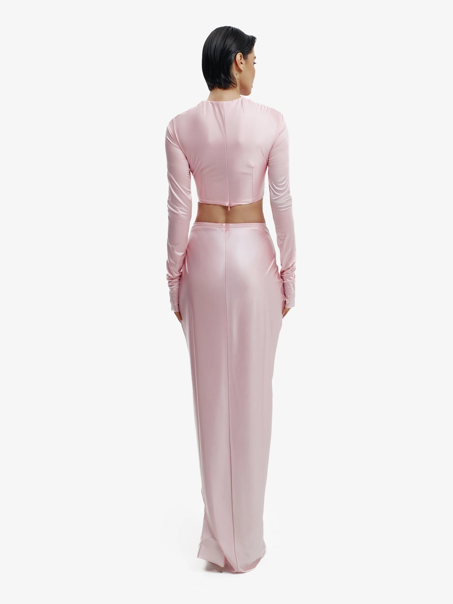 Pink twisted knot maxi skirt, effortless draping, unique minimalist style.