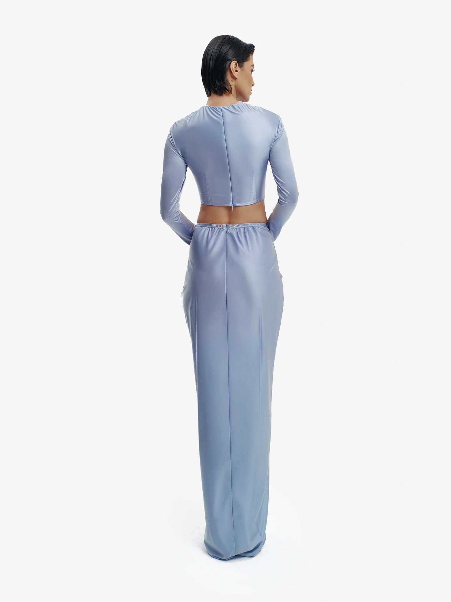 Blue twisted knot maxi skirt, effortless draping, unique minimalist style.