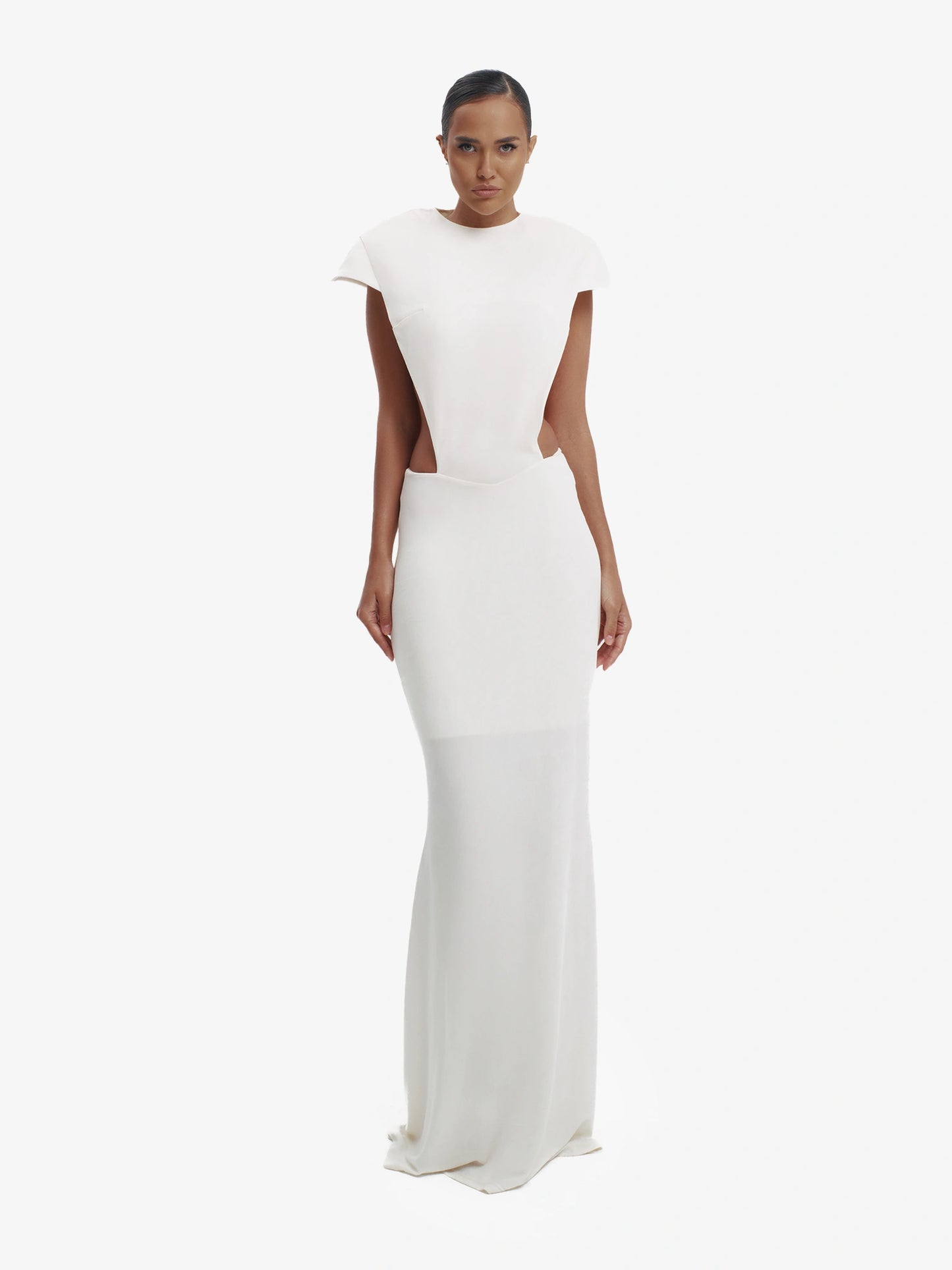 Off White minimalist dress, unexpected side details, efffortless modern chic.