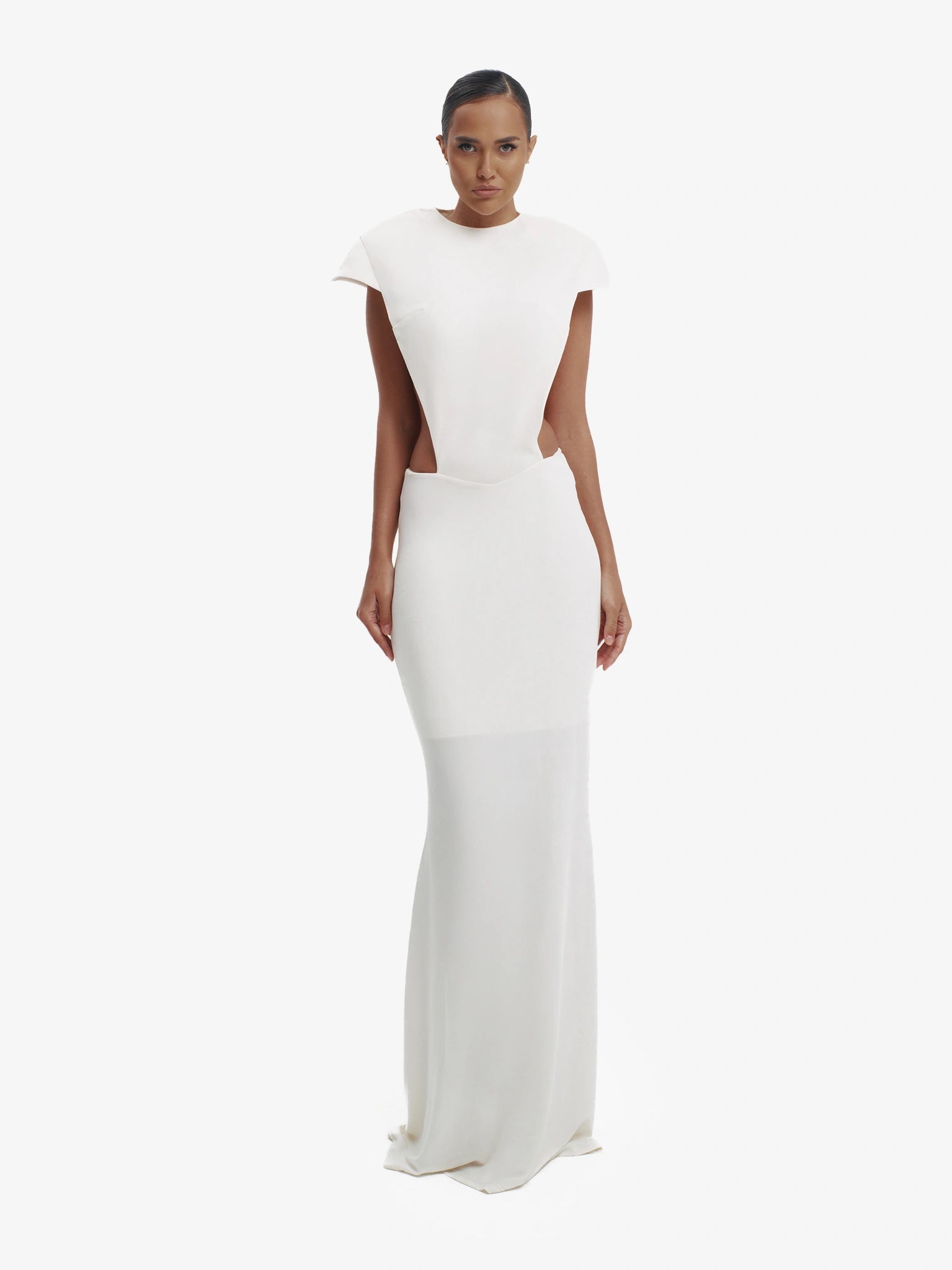 Off White minimalist dress, unexpected side details, efffortless modern chic.
