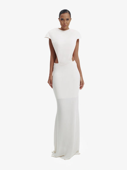 Off White minimalist dress, unexpected side details, efffortless modern chic.