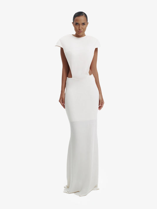 Off White minimalist dress, unexpected side details, efffortless modern chic.