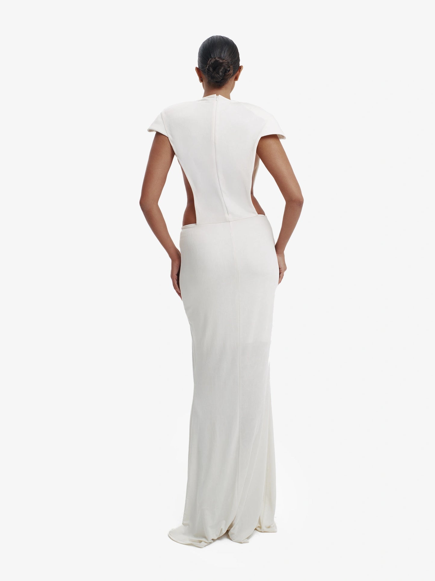 Off White minimalist dress, unexpected side details, efffortless modern chic.