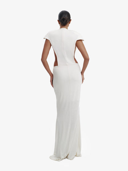Off White minimalist dress, unexpected side details, efffortless modern chic.