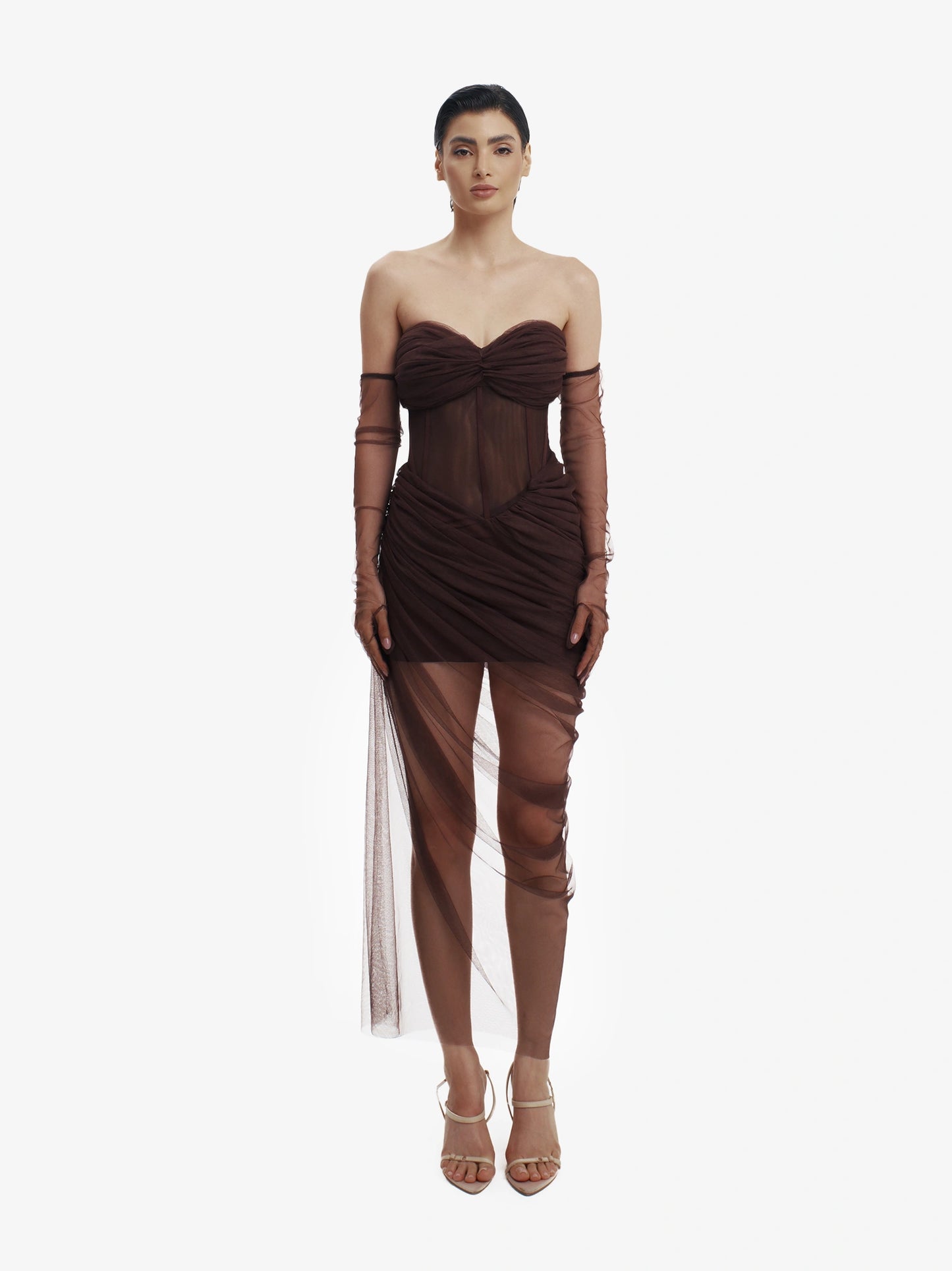 Brown corset dress with beautiful draping, sensual structure, premium occasion wear.