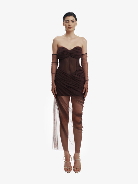 Brown corset dress with beautiful draping, sensual structure, premium occasion wear.