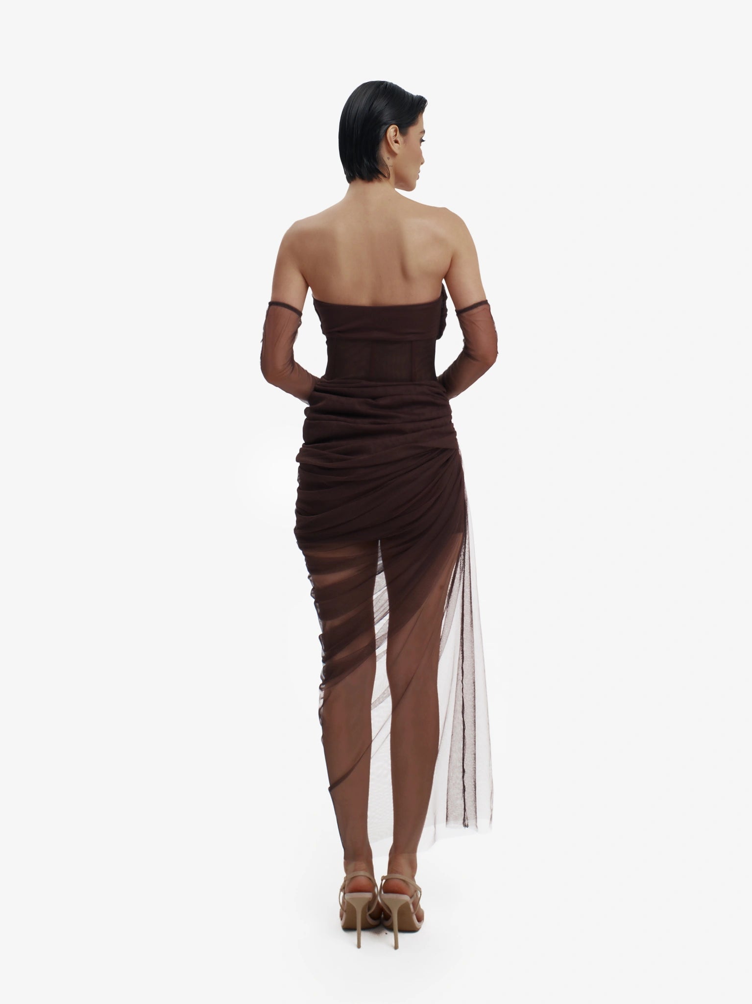 Brown corset dress with beautiful draping, sensual structure, premium occasion wear.