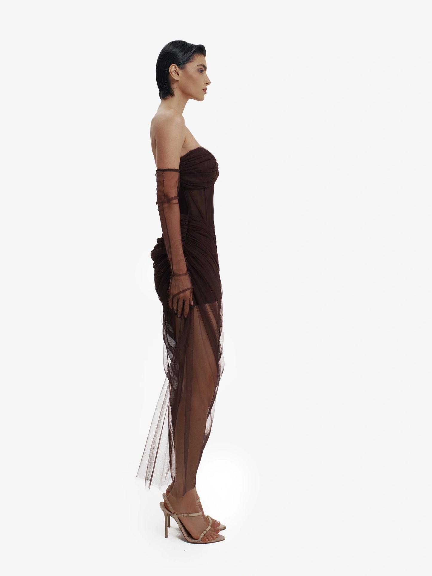 Brown corset dress with beautiful draping, sensual structure, premium occasion wear.