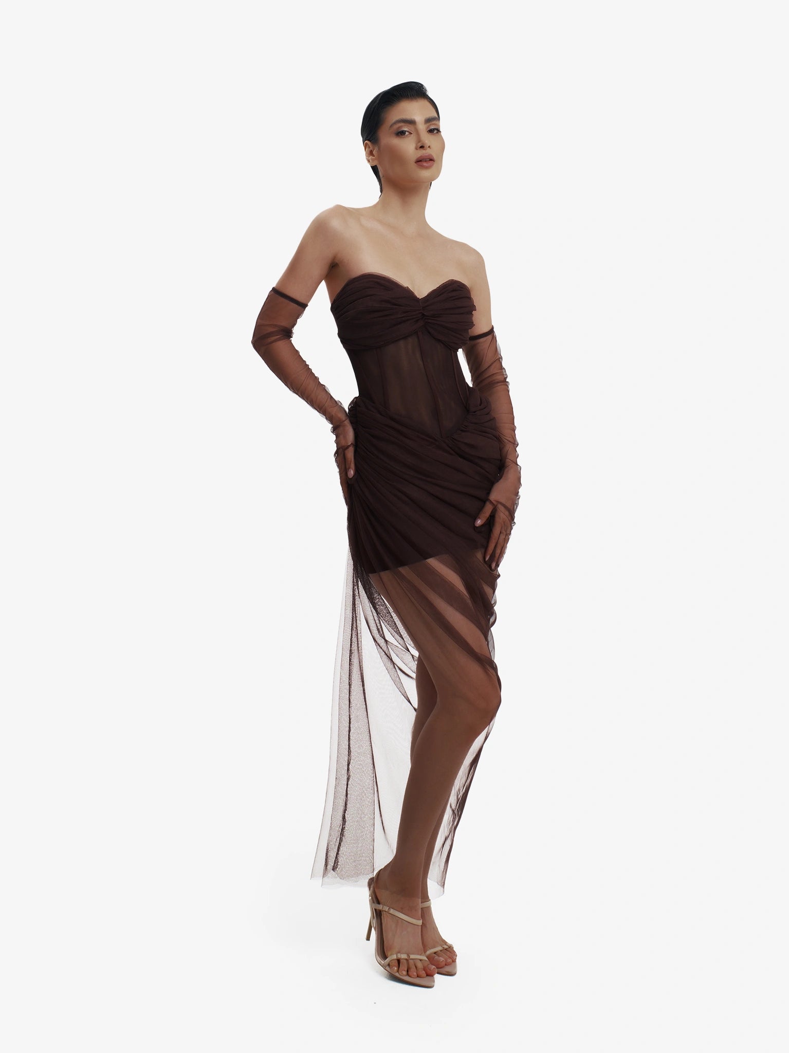 Brown corset dress with beautiful draping, sensual structure, premium occasion wear.
