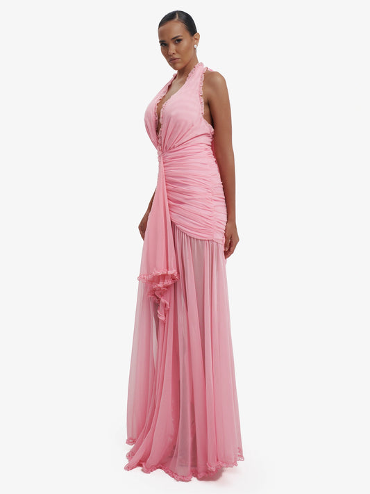 Pink dramatic mermaid dress, luxe evening wear, confident elegance.