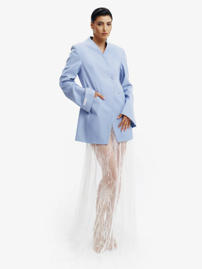 Pastel Blue tailored barathea blazer, luxe European style for confident professionals.