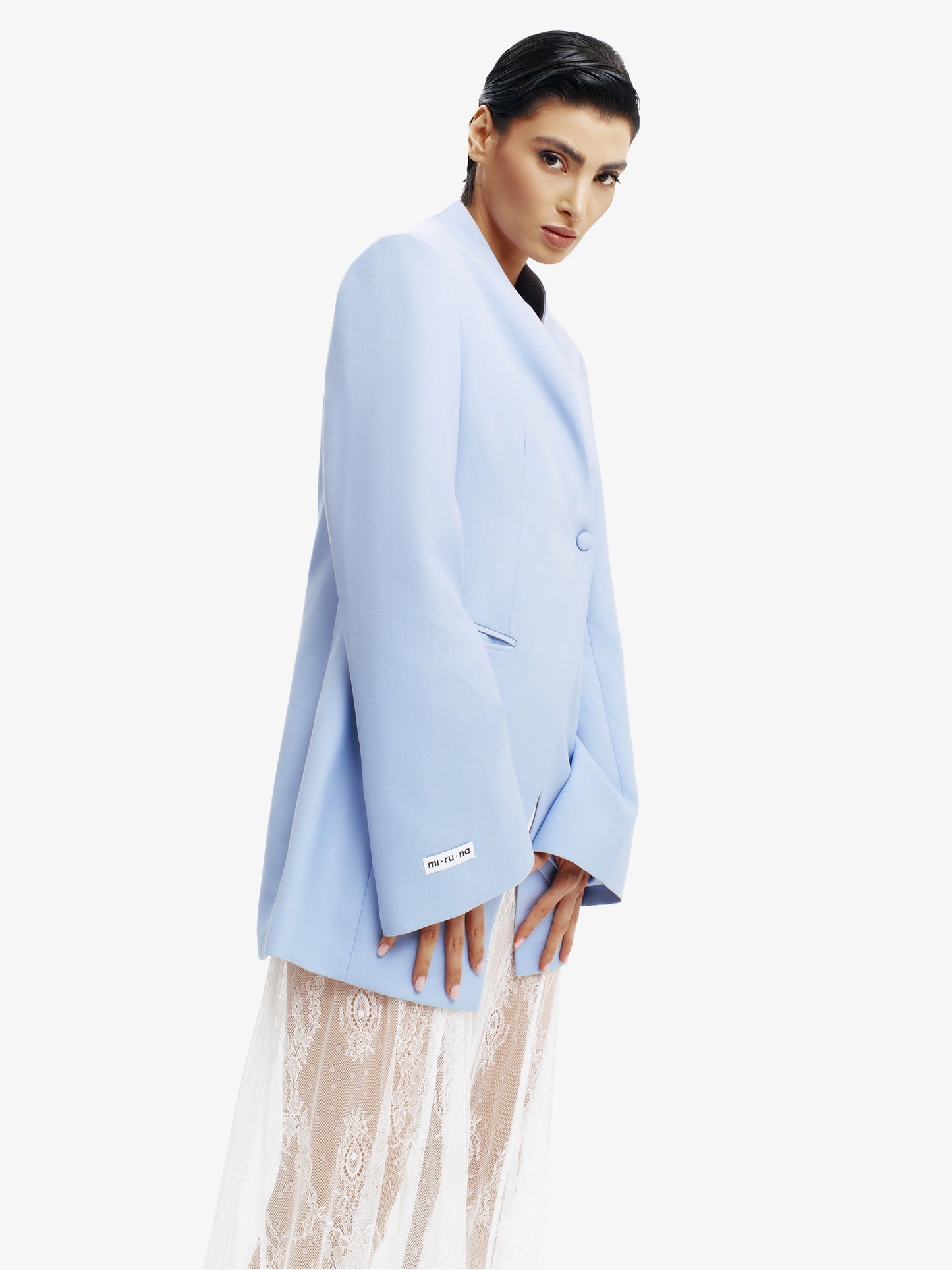 Pastel Blue tailored barathea blazer, luxe European style for confident professionals.