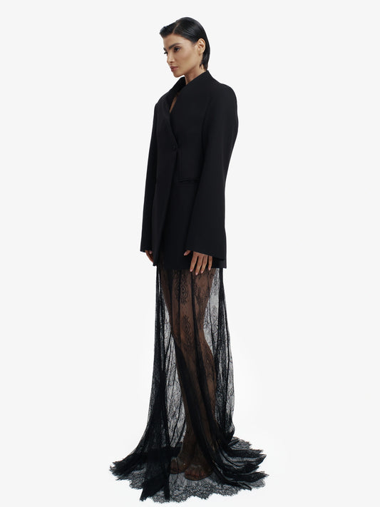 Black tailored barathea blazer, luxe European style for confident professionals.