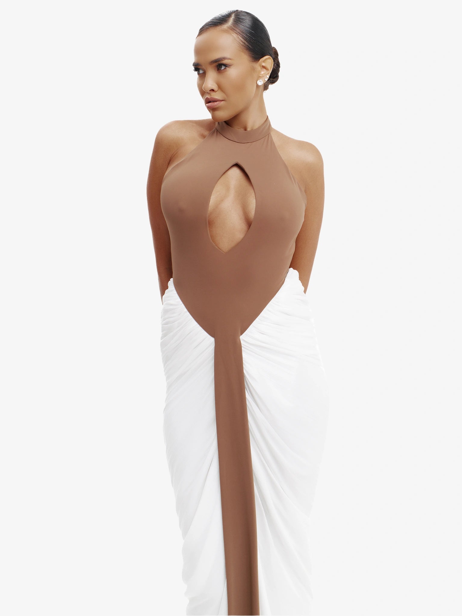 white and brown daring split-detail top, minimalist elegance, effortless modern chic.