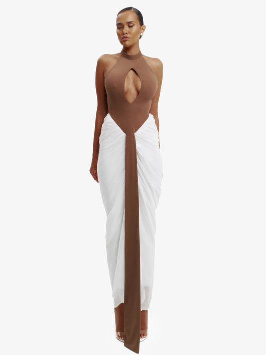 white and brown daring split-detail top, minimalist elegance, effortless modern chic.
