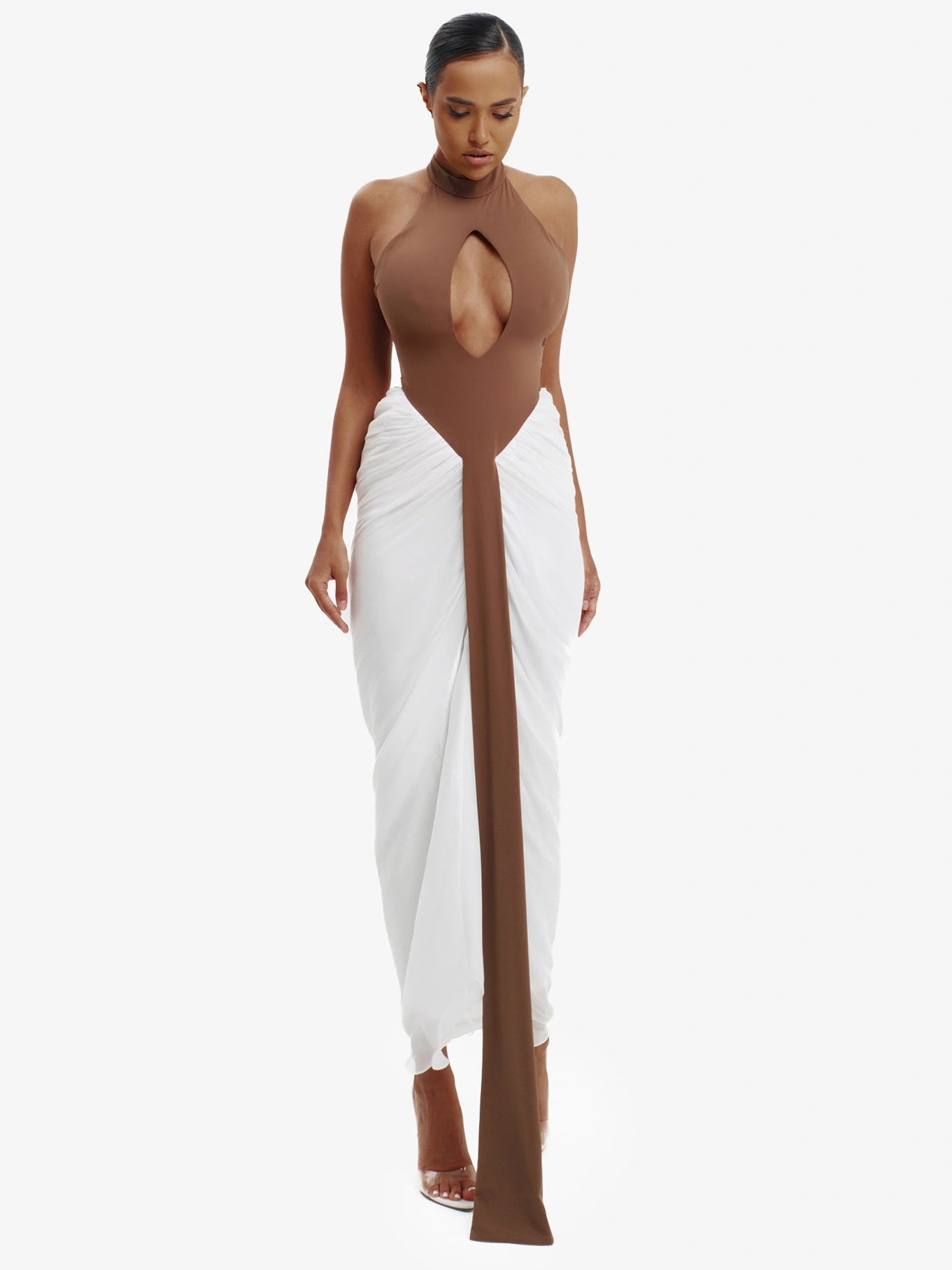 white and brown daring split-detail top, minimalist elegance, effortless modern chic.