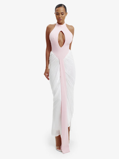 Pink and white daring split-detail top, minimalist elegance, effortless modern chic.