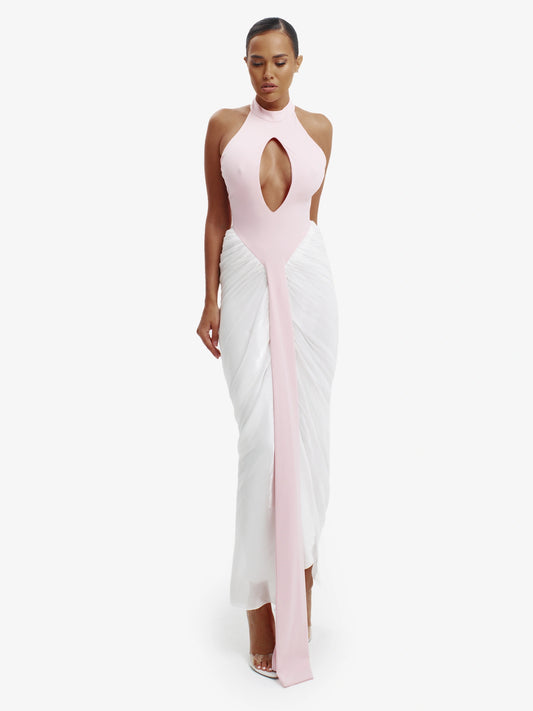 Pink and white daring split-detail top, minimalist elegance, effortless modern chic.