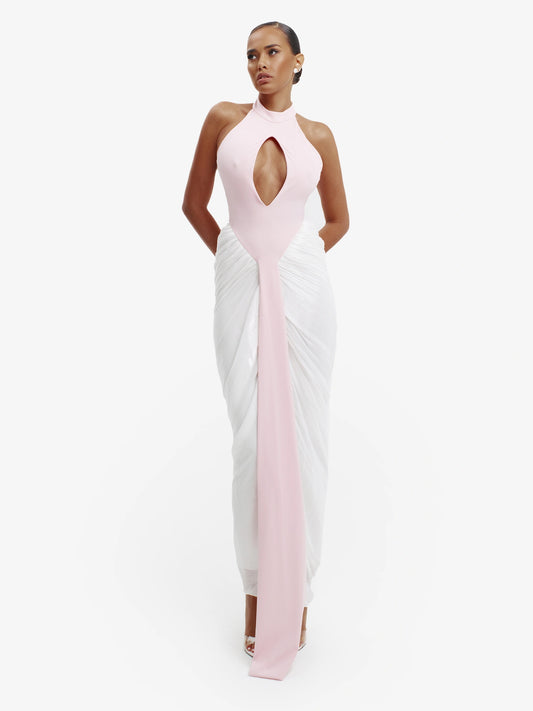 Pink and white daring split-detail top, minimalist elegance, effortless modern chic.